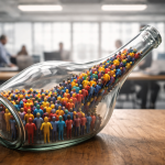 A glass bottle filled with many colourful miniature human figures, resting on a wooden office desk