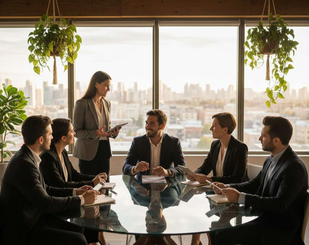 A group of business people collaborating at a table in an office, focused on their meeting